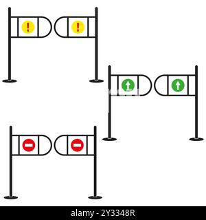 Turnstile icon set. Red and green signals. Entry and exit signs. Vector illustration. Stock Vector
