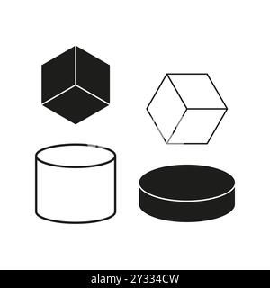 Geometric shapes vector. Black and white cubes. Cylindrical forms illustration. Minimalist design elements. Stock Vector