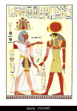 Menphtah II, son and successor of Ramses III, standing before Phre, Ra, two gigantic figures carved and painted in the entrance to the tomb of this king in Biban-el-Moluk, 1832-1844, The Monuments of Egypt and Nubia, illustrated by Doctor Ippolito Rosellini, Historical, digitally restored reproduction from an original of the period Stock Photo