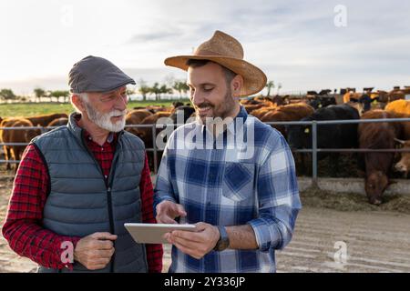 Two farmers, father and son, looking at tablet on bovine ranch Stock Photo