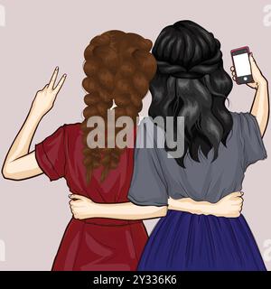 Two bestfriends standing backwards, hugging, making selfie on smartphone. Women takes a photo, shows peace, victory gesture. Poster of communication. Stock Vector