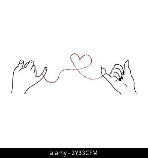 Couple hands with red string of fate. Intertwined hand symbol. Concept of Valentine's Day, Free Love and Non-traditional Weddings. vector illustration Stock Vector