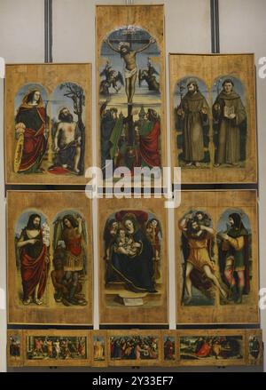 Francesco de Tatti (1470-1532). Italian painter, active in Varese between 1512 and 1527. Bosto Polyptych, 1517. From left to right; upper register: Saints Catherine of Alexandria and Jerome, Crucifixion, Saints Francis of Assisi and Anthony of Padua; lower register: Saints John the Baptist and Archangel Michael, Virgin and Child, Saints Christopher and Roque. Predella: Saint Himerius, the Flagellation, Saint Peter, Road to Calvary, Saint Paul, the Deposition and Saint Antoninus. Oil on panel. Pinacoteca Castello Sforzesco, Milan, Italy. Stock Photo