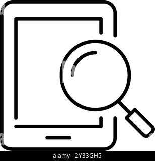 Electronic tablet with magnifying glass. Searching content on digital device, zoom function and study resources. Pixel perfect, editable stroke vector Stock Vector