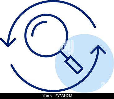 Magnifying glass in refresh arrows. Continuous search, dynamic content filtering. Pixel perfect, editable stroke vector icon Stock Vector