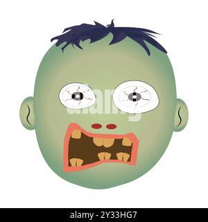 Zombie face Expressions illustration, cartoon zombie faces with different emotions, happy, confused, neutral, and scared, featuring green skin Stock Vector