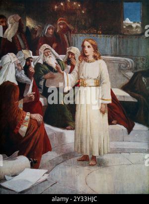 Illustration of Child Jesus and the Learned Men in the Temple of Jerusalem  from from 19th Century Children's Book Sunday Afternoon Stories Gleanings Stock Photo