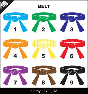 Martial art colored belts set for karate, bjj, judo, taekwondo, hapkido.. Stock Vector