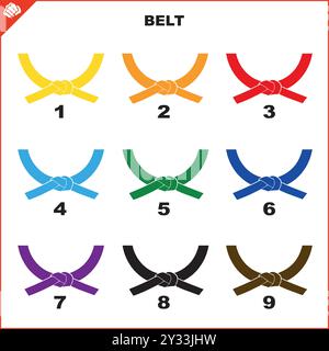 Martial art colored belts set for karate, bjj, judo, taekwondo, hapkido.. Stock Vector