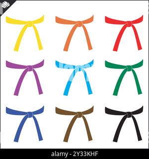 Martial art colored belts set for karate, bjj, judo, taekwondo, hapkido.. Stock Vector