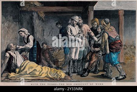 Russo-Turkish War: a wounded Turkish soldiers is brought to two doctors wearing the Red Crescent; a nurse is giving some water to another wounded man; a makeshift hospital in the background. Coloured wood engraving by C. Roberts after J.E. Hodgson, ca. 1877. Stock Photo