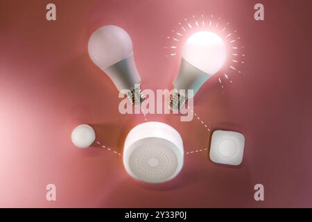 Smart home devices diagram. light bukb on. Home automation. Stock Photo