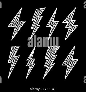 Hatched lightning bolt icons collection. Hand drawn flash symbol ...
