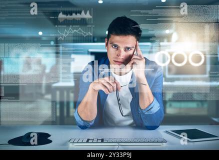 Thinking, programmer and man in office, night and overlay of interface, keyboard and software. Dark, dashboard and coder for agency, information Stock Photo