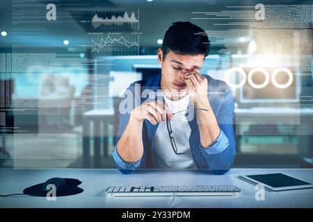 Tired, programmer and man in office, night and overlay of interface, keyboard and headache. Dark, dashboard and coder for agency, information Stock Photo