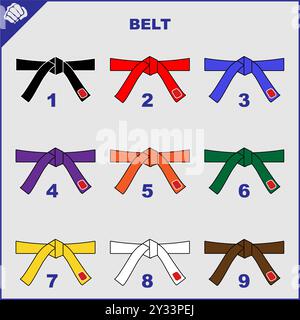 Martial art colored belts set for karate, bjj, judo, taekwondo, hapkido.. Stock Vector