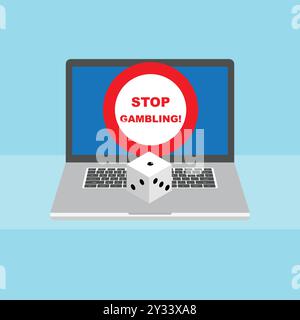 Laptop with a dice and the message stop gambling on its screen Stock Vector