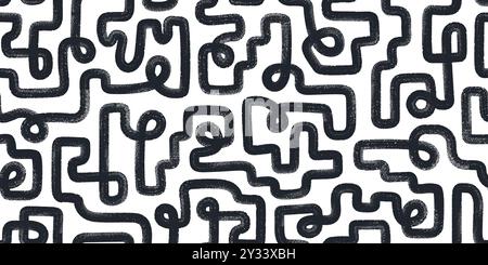 Brush drawn line maze, labyrinth, squiggles seamless pattern. Black bold grunge curved strokes. Abstract geometric background. Stock Vector
