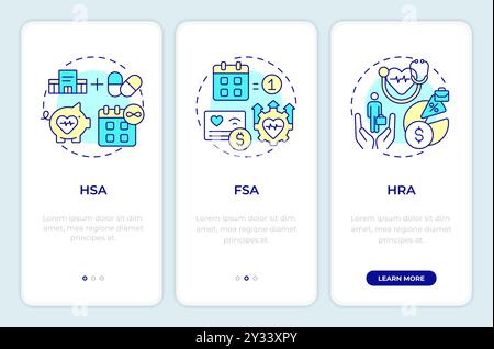 Types of health accounts onboarding mobile app screen Stock Vector