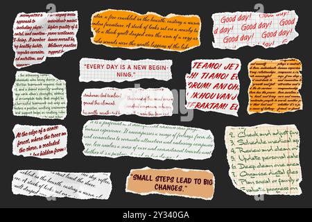 Ripped paper strips with handwritten text. Realistic crumpled paper ...