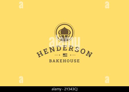 Bakery fresh baked cupcake retro logo design template for cafe vector flat illustration. Bakehouse traditional cake pastry cooking minimalist logotype Stock Vector