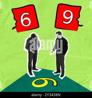 Two men debating over differing perspectives, shown by number 6 and 9 in speech bubbles, representing different views on same data. Contemporary art Stock Photo