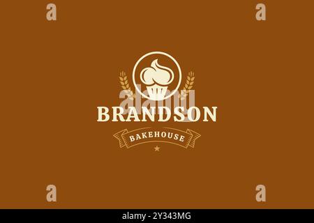 Bakehouse sweet creamy cupcake retro logo design template vector flat illustration. Bakery delicious cake dessert minimalist old style logotype with w Stock Vector
