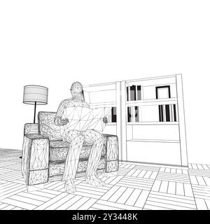 Wireframe of man sitting in armchair and reading newspaper in room with lamp and bookcase with books made of black lines isolated on white background. Stock Vector