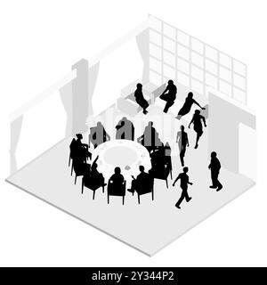 Silhouette of people sitting in restaurant on chairs and sofa isolated on white background. Restaurant interior. Isometric view. Vector illustration. Stock Vector