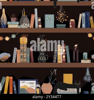 Seamless pattern with vintage books, and different retro things on dark shadow background. Old and mysterious interior. Standing books wall background Stock Vector