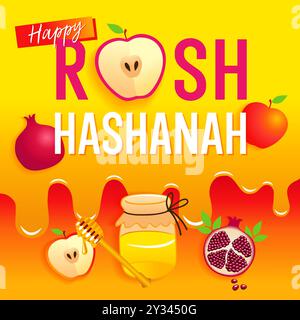 Happy Rosh Hashanah, Shana Tova greeting card with pomegranate, honey and apple. Celebrate Jewish New Year Stock Vector