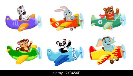 Cartoon animals on planes. Cute vector zebra, rabbit, bear and monkey, panda and elephant pilot characters, ready to embark on exciting adventure in the sky. Isolated personages on vintage aeroplanes Stock Vector