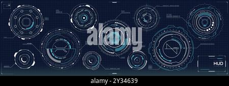 Futuristic digital HUD elements and cyber technology UI interface, vector elements. HUD round circles and futuristic radars or controls for interface dashboard with target aim monitor and data charts Stock Vector