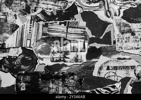 Abstract grunge black and white backdrop with scraps of paper and black paint spots. Torn paper texture and painting stains background. Stock Photo