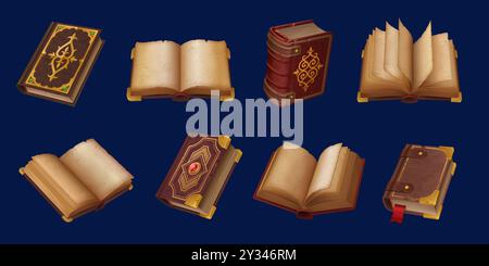 Medieval game book icons, ancient magic spellbook and fantasy manuscript. vector open and closed fantasy grimoires for fairytale wizard or witch with ornate leather covers, bookmarks and gemstones Stock Vector