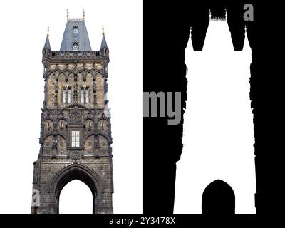 The Powder Tower or Powder Gate is a Gothic tower in Prague, Czech Republic, isolated on white background with clipping mask and path Stock Photo