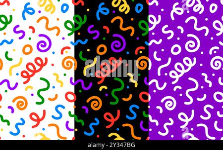 Squiggle line pattern of abstract doodle and scribble color shapes, vector backgrounds. Squiggle line seamless patterns with freehand scribble art of artistic curve lines, swirls and wavy confetti Stock Vector