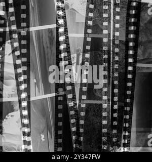 Cut strips of photographic black and white film. Close-up of black and white negatives. Stock Photo