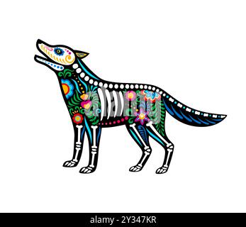 Day of the dead Mexican coyote animal skeleton tattoo, sugar skull. Isolated vector wild howl wolf or coyote animal figure with traditional alebrije motifs and bones, celebrating Mexican death holiday Stock Vector