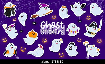 Cartoon funny Halloween ghost characters stickers pack. Vector patches with adorable spooks dressed in festive costumes of witch, vampire, pumpkin head, gentleman and pirate celebrate horror night Stock Vector