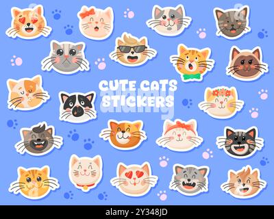 Cute cat kitten pet stickers of funny muzzle faces, vector meow and paw icons. Kids cartoon cats and kitty stickers with happy smile on face, love heart eyes and funky laughing for emoji emoticons Stock Vector