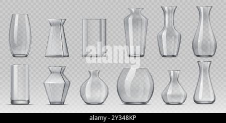 Realistic glass flower vases, 3d vector transparent bowls and containers for floral arrangements and interior decoration. Cylindrical, conical and spherical glass vases mockups with light reflection Stock Vector