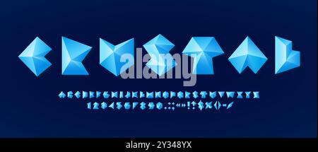 Low poly crystal font, 3d diamond type includes a complete alphabet, numbers and punctuation symbols in a futuristic, geometric style. Blue angled bold letters, numerals and signs abc characters Stock Vector