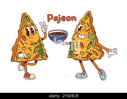 Cartoon groovy Korean pajeon characters with cheerful expressions. Isolated vector playful and funky Asian cuisine personages, one holding a bowl of dipping sauce, and the other flashing a peace sign Stock Vector