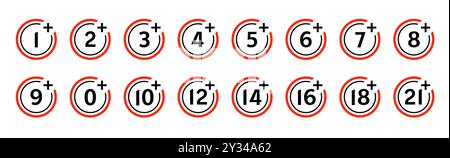Under age signs, restriction symbols from 1 to 21 plus in black red circles. Isolated vector set caution media symbols for content rating, website compliance, age verification, regulation and safety Stock Vector