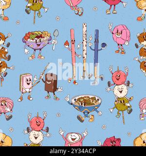 Groovy Japanese desserts characters seamless pattern, featuring fun Japan sweet food personages. Cartoon vector tile background, wallpaper, fabric print with a playful and whimsical Asian pastry meals Stock Vector
