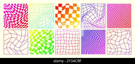 Groovy checkered pattern, neon distorted tiled grid. Vintage wavy curved backdrop, distortion effect. Funky geometric chessboard texture, retro Stock Vector