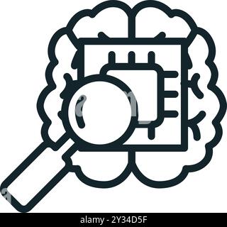 Icon of artificial intelligence represented by a microchip inside a brain analyzed by a magnifying glass Stock Vector