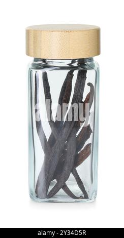 Vanilla pods in glass jar isolated on white Stock Photo