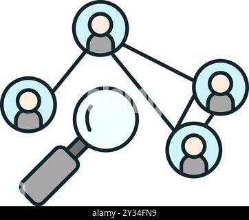 Concept of business management with a magnifying glass analyzing a network of people working together Stock Vector